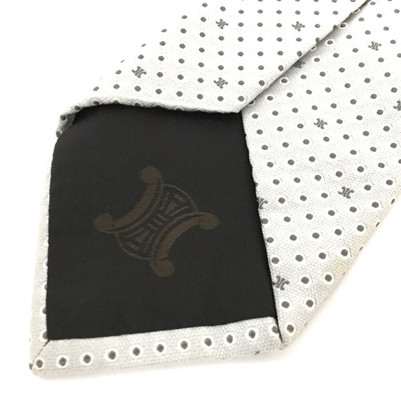 AUTH CELINE Macadam Triomphe Dots 100% Silk Tie White - Picture 5 of 7